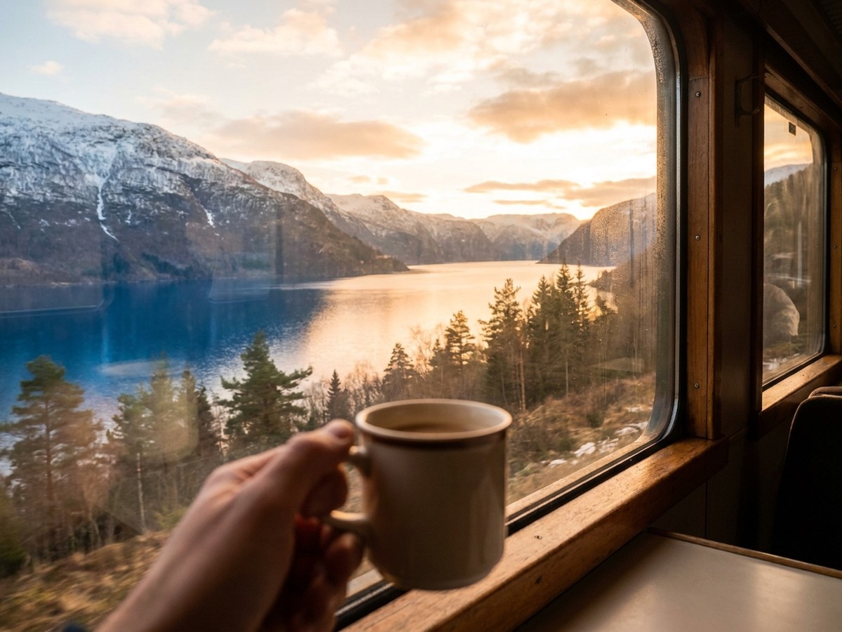 View from inside a train cabin window over a passing fjord at golden hour