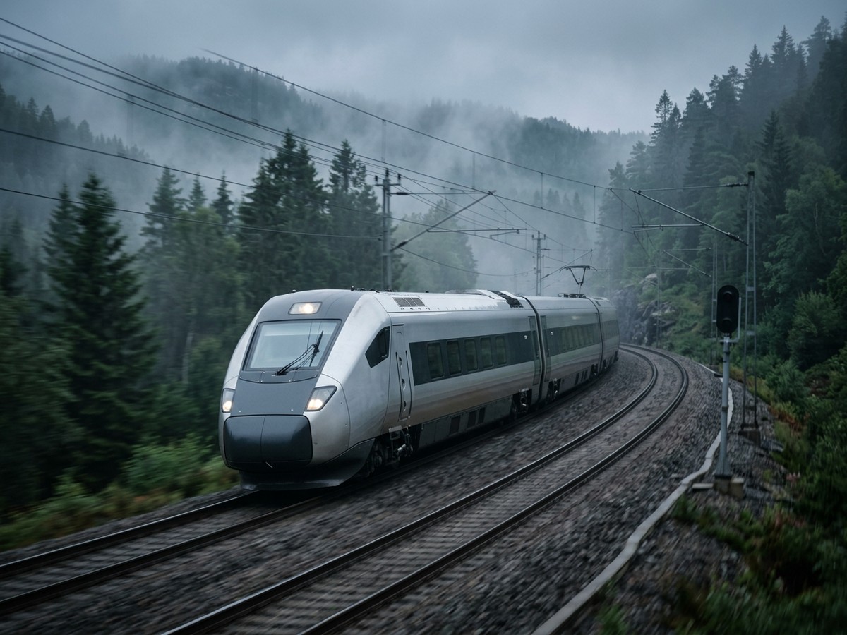 Modern Norwegian airport express train speeding through a misty landscape