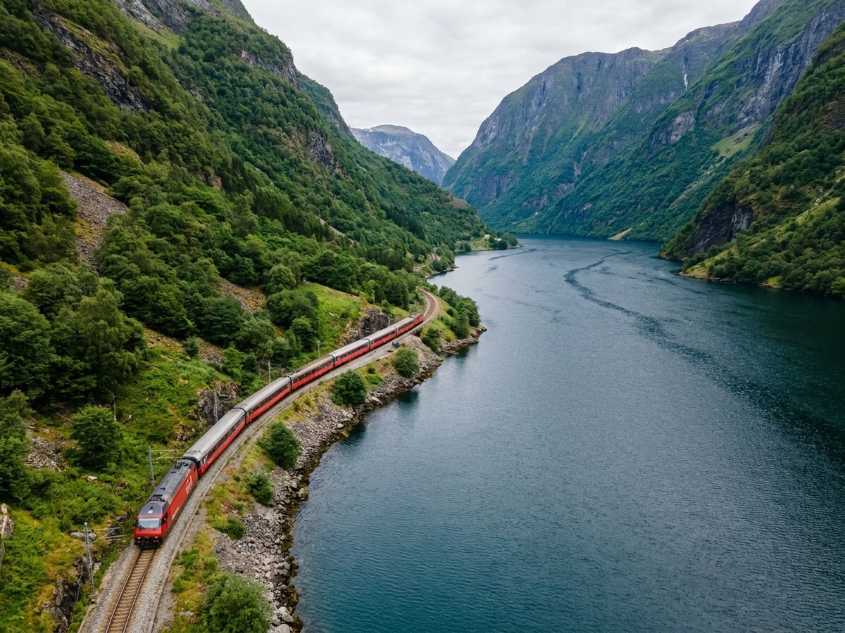 Long-distance Norwegian train curving along a railway line beside a fjord