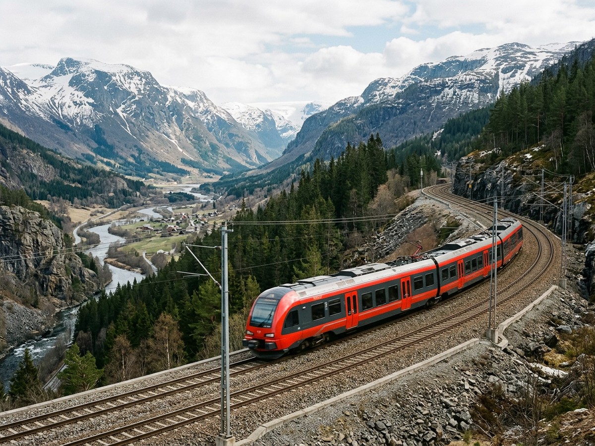 Vy intercity train at a covered station platform in Norway